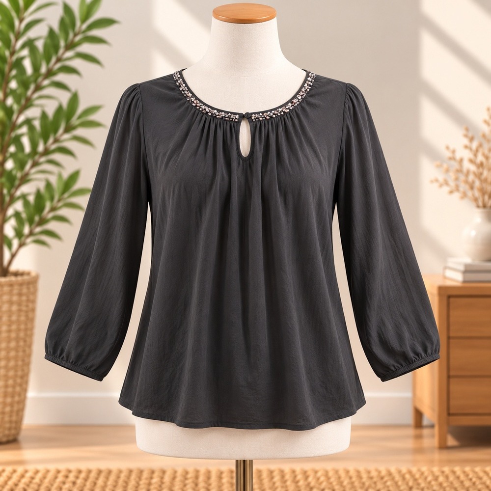 C.O.C. Blouse Womens 3XL Black Beaded Neckline Long Sleeve Keyhole Back Pleated